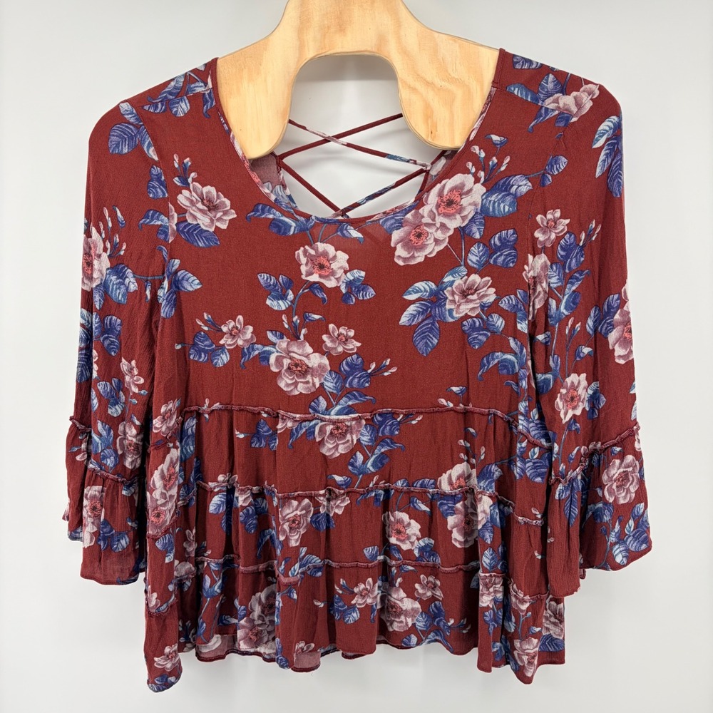 American‎ Eagle Floral Tiered Babydoll Blouse XXL Boho Lace Up Back Burgundy Red